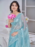 Glamorous Sky Blue Thread Embroidered Organza Silk Designer Saree