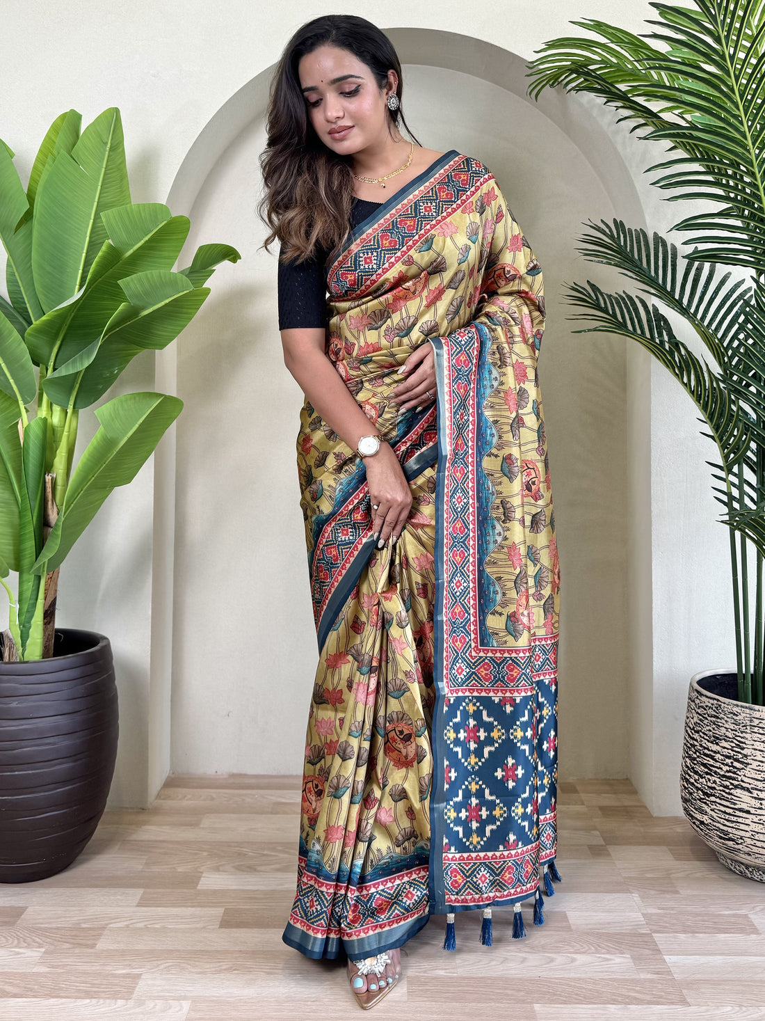 Gorgeous Yellow Pichwai Printed Viscose Silk Casual Wear Saree