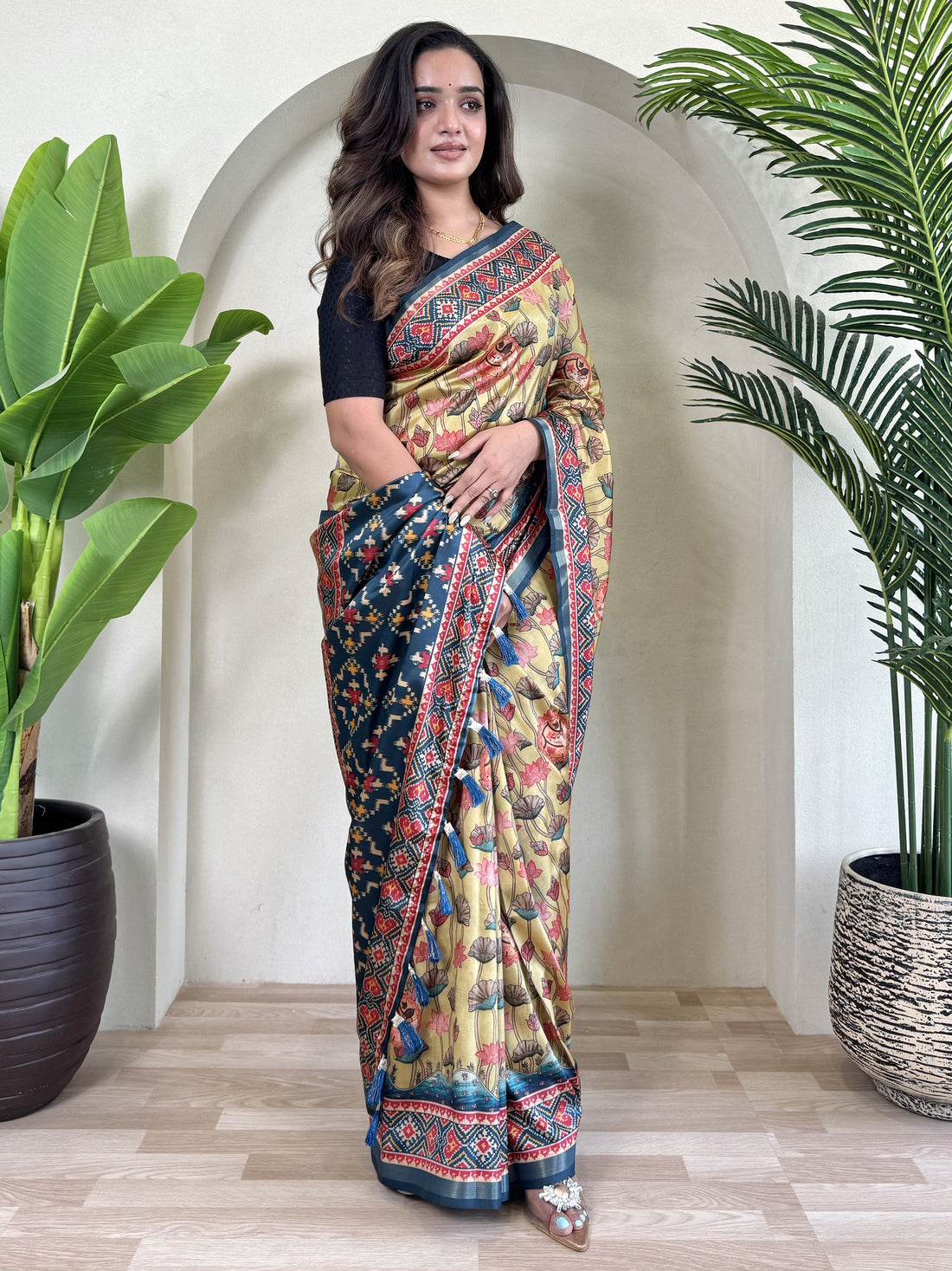Gorgeous Yellow Pichwai Printed Viscose Silk Casual Wear Saree