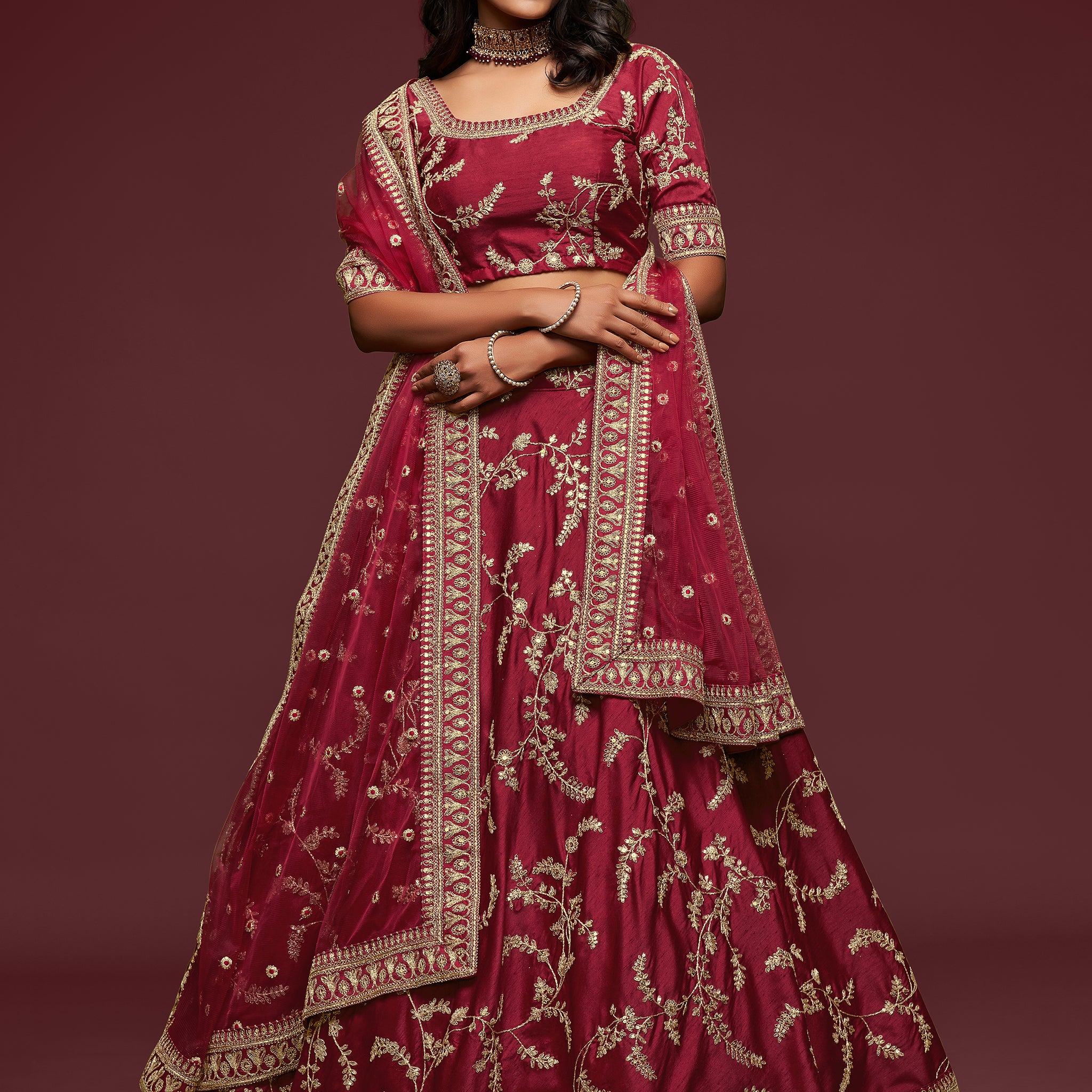 Super Maroon Thread Embroidery Art Silk Wedding Lehenga Choli