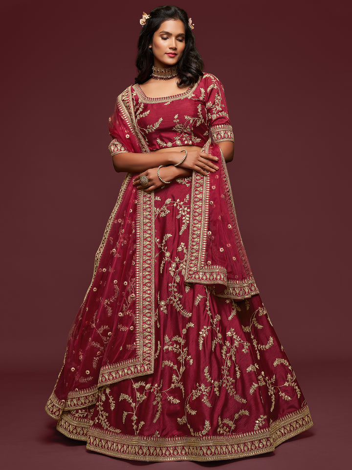 Super Maroon Thread Embroidery Art Silk Wedding Lehenga Choli
