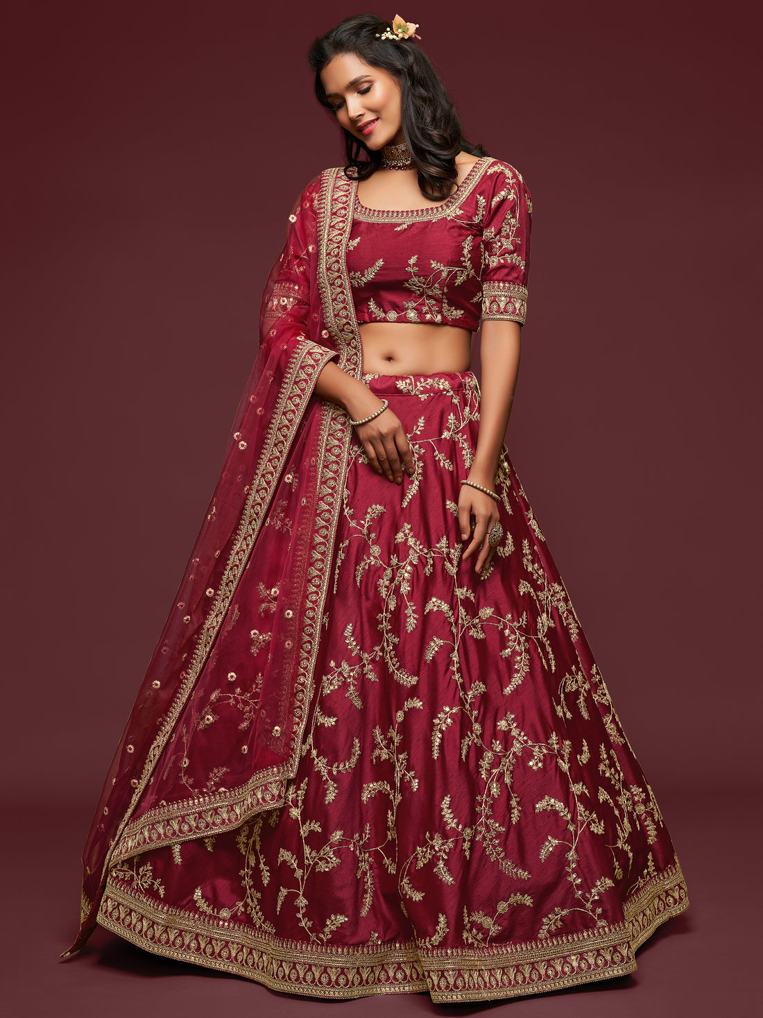 Super Maroon Thread Embroidery Art Silk Wedding Lehenga Choli