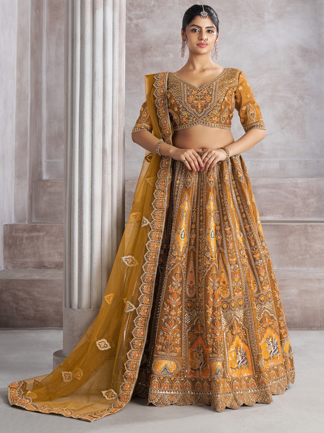 Sweet Mustard Yellow Thread Work Banarasi Silk Wedding Lehenga Choli 