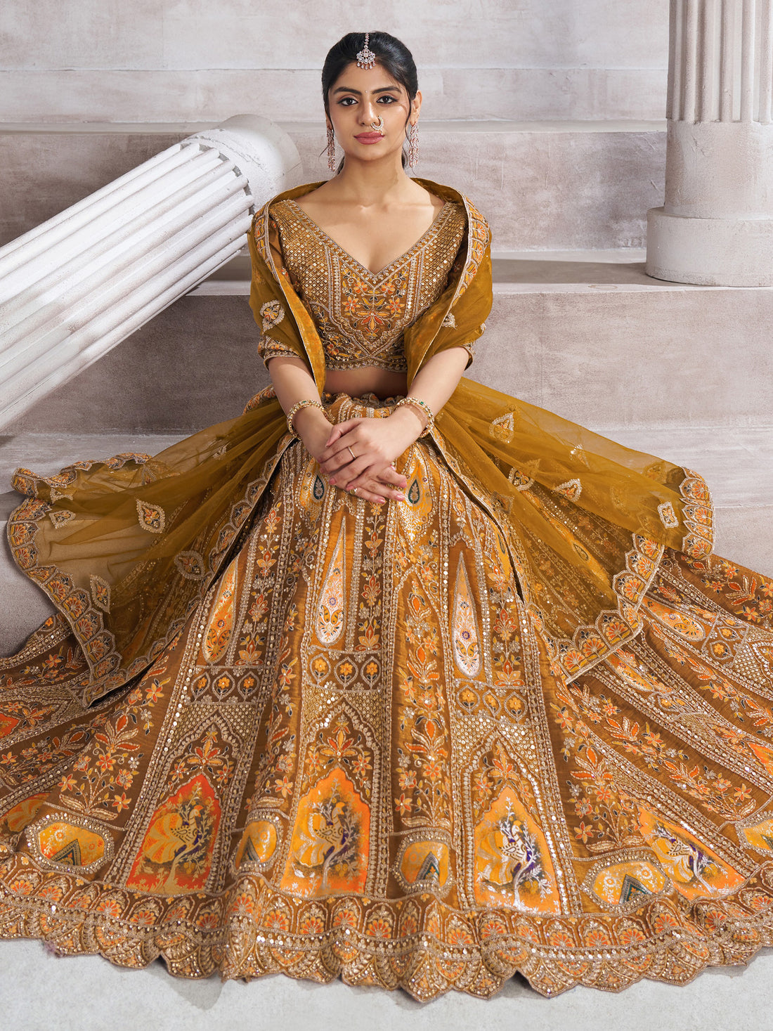 Sweet Mustard Yellow Thread Work Banarasi Silk Wedding Lehenga Choli 