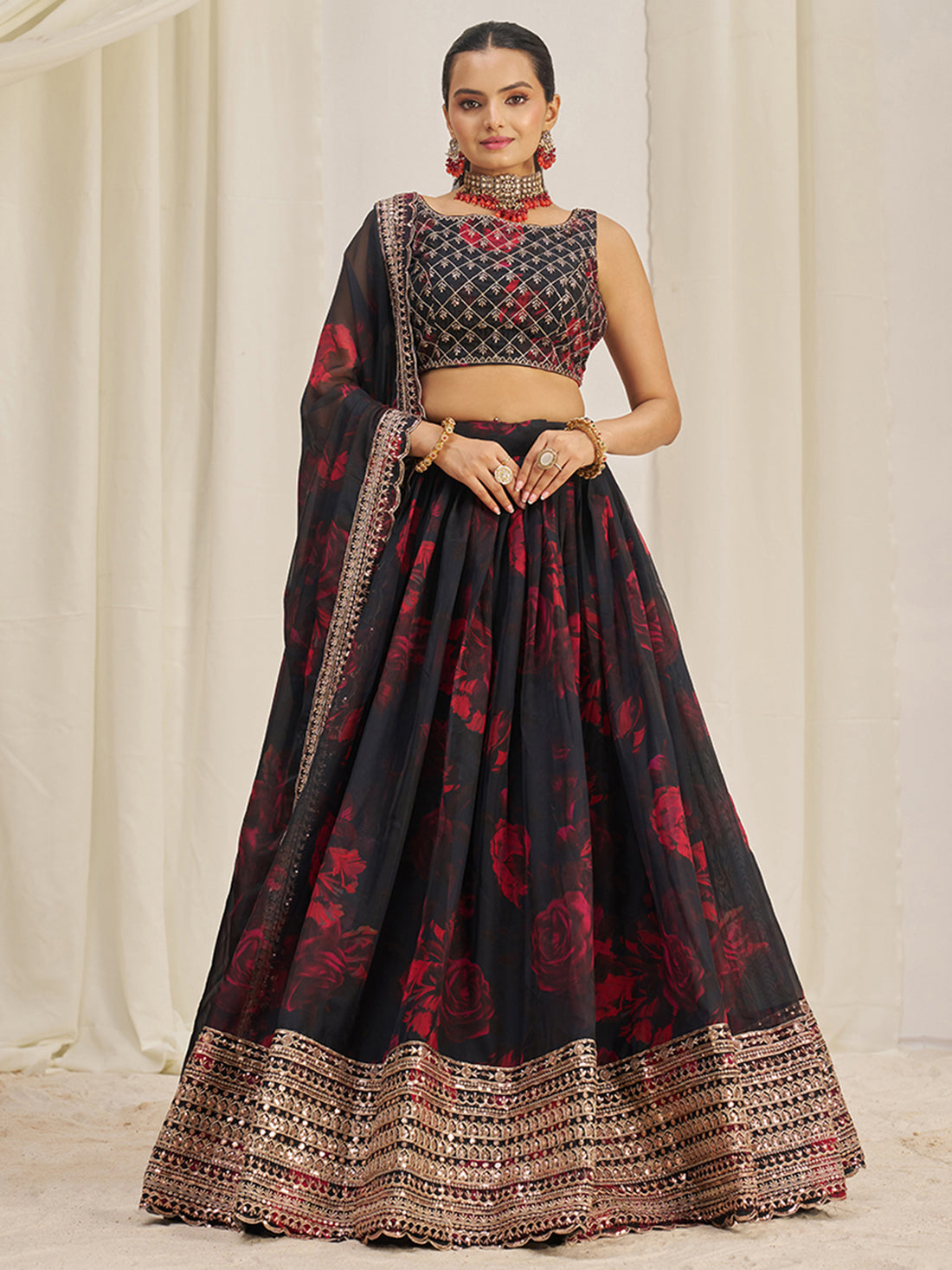 Alluring Black Sequins Organza Lehenga Choli With Dupatta