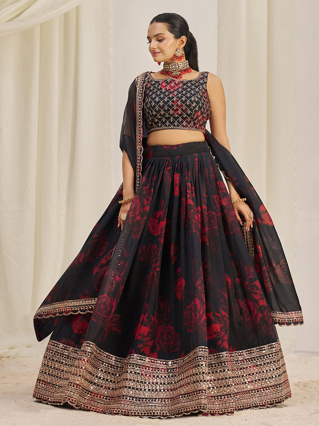 Alluring Black Sequins Organza Lehenga Choli With Dupatta