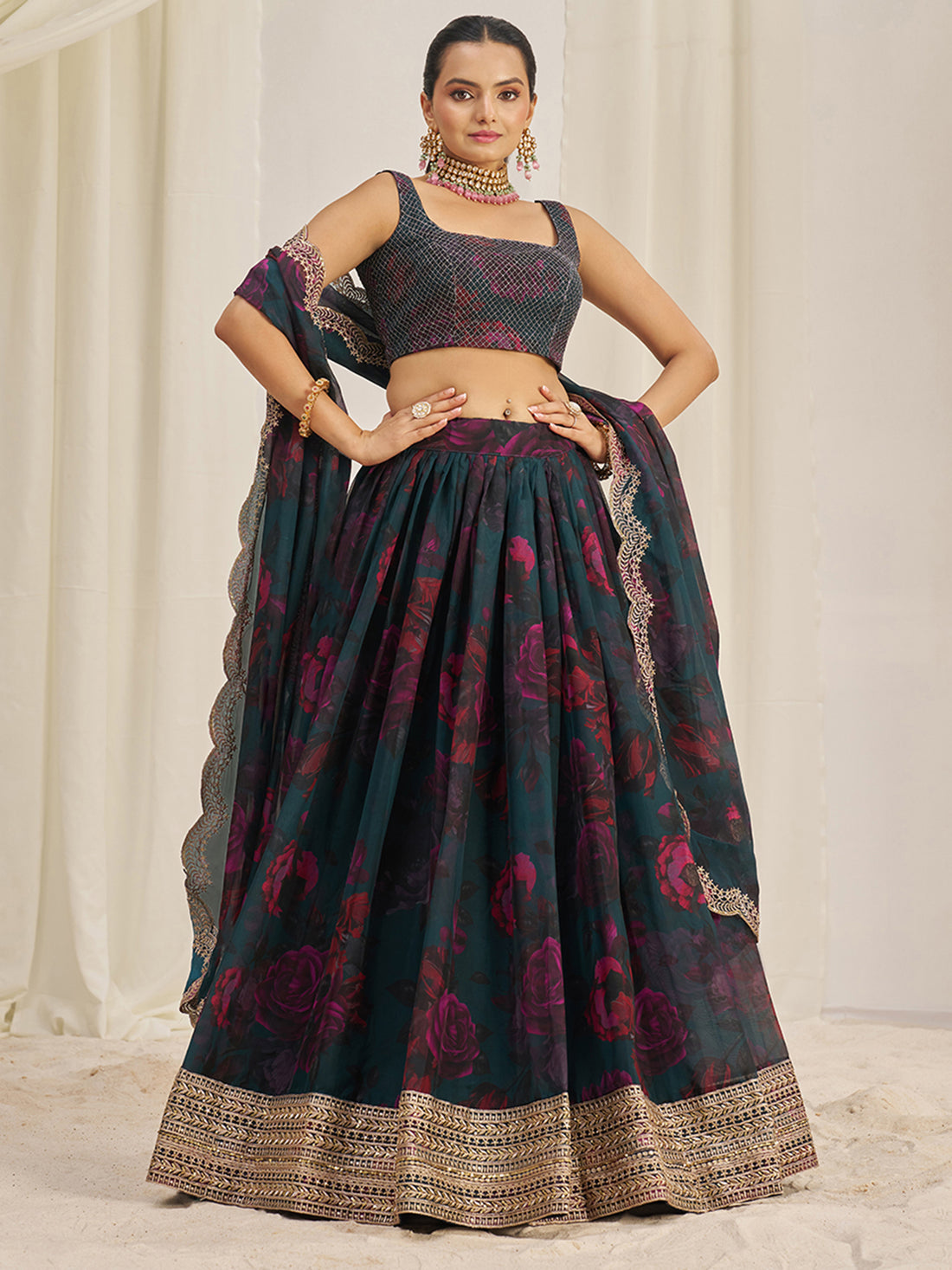 Captivating Teal Green Printed Organza Event Wear Lehenga Choli