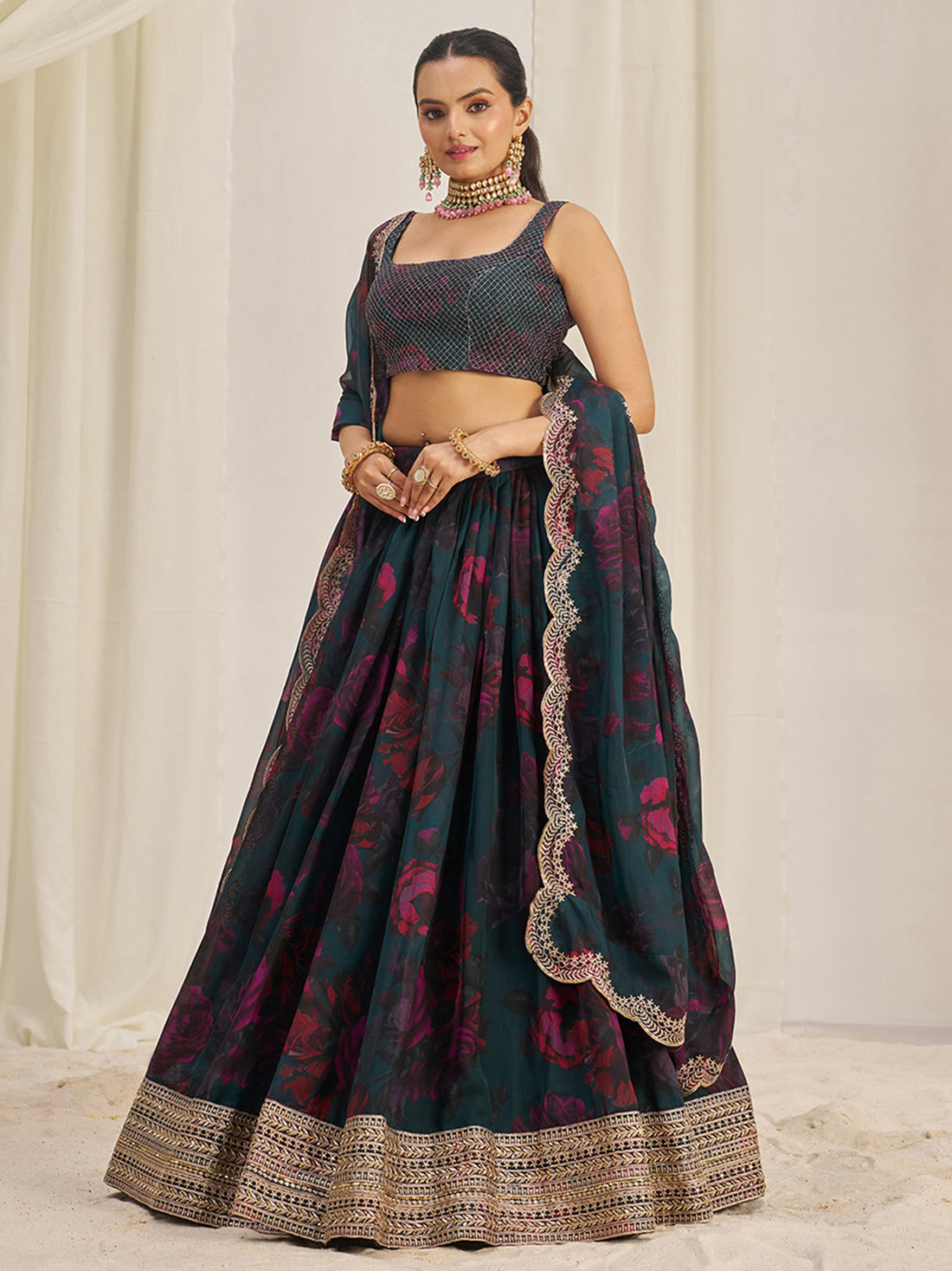 Captivating Teal Green Printed Organza Event Wear Lehenga Choli