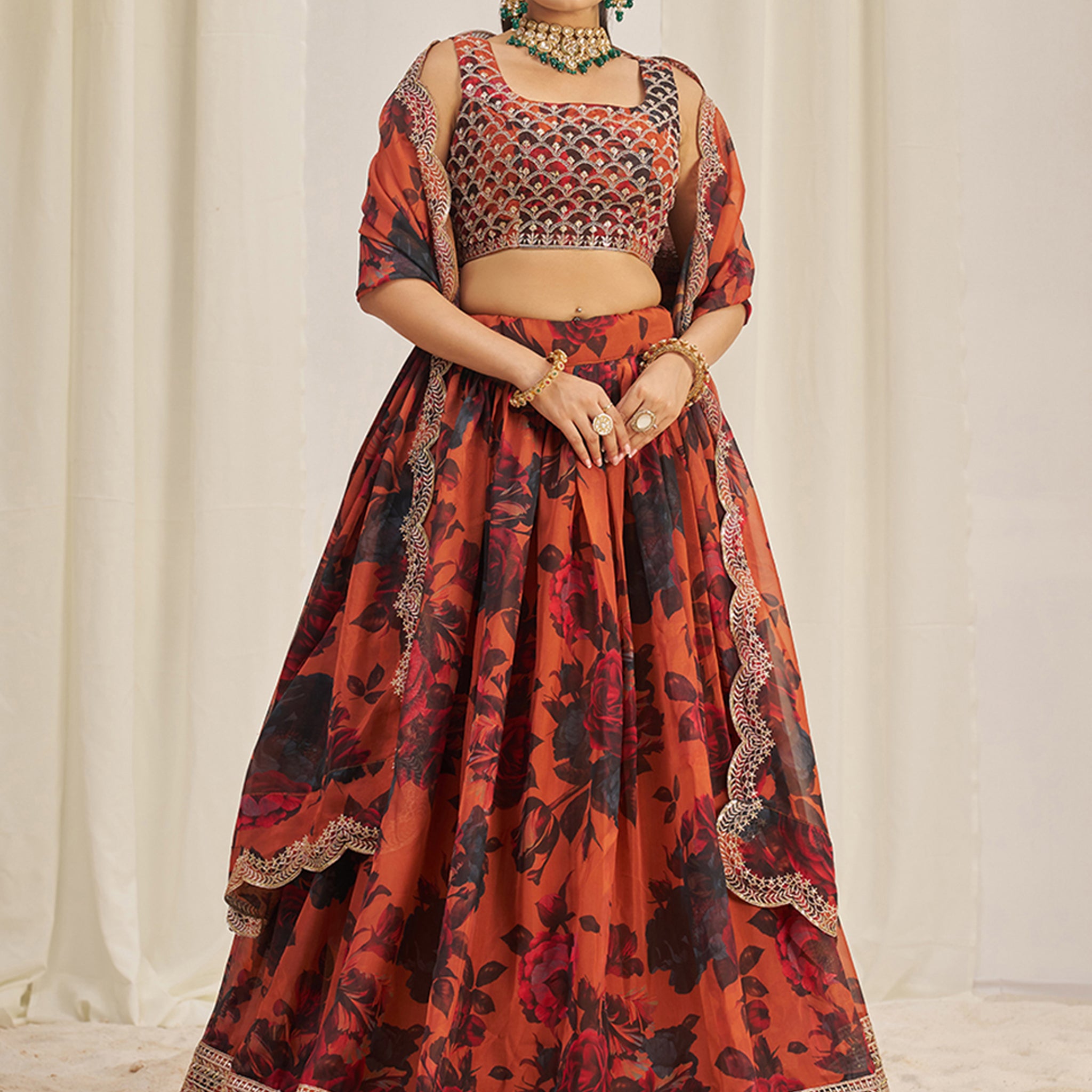 Pretty Orange Sequins Organza Engagement Wear Lehenga Choli
