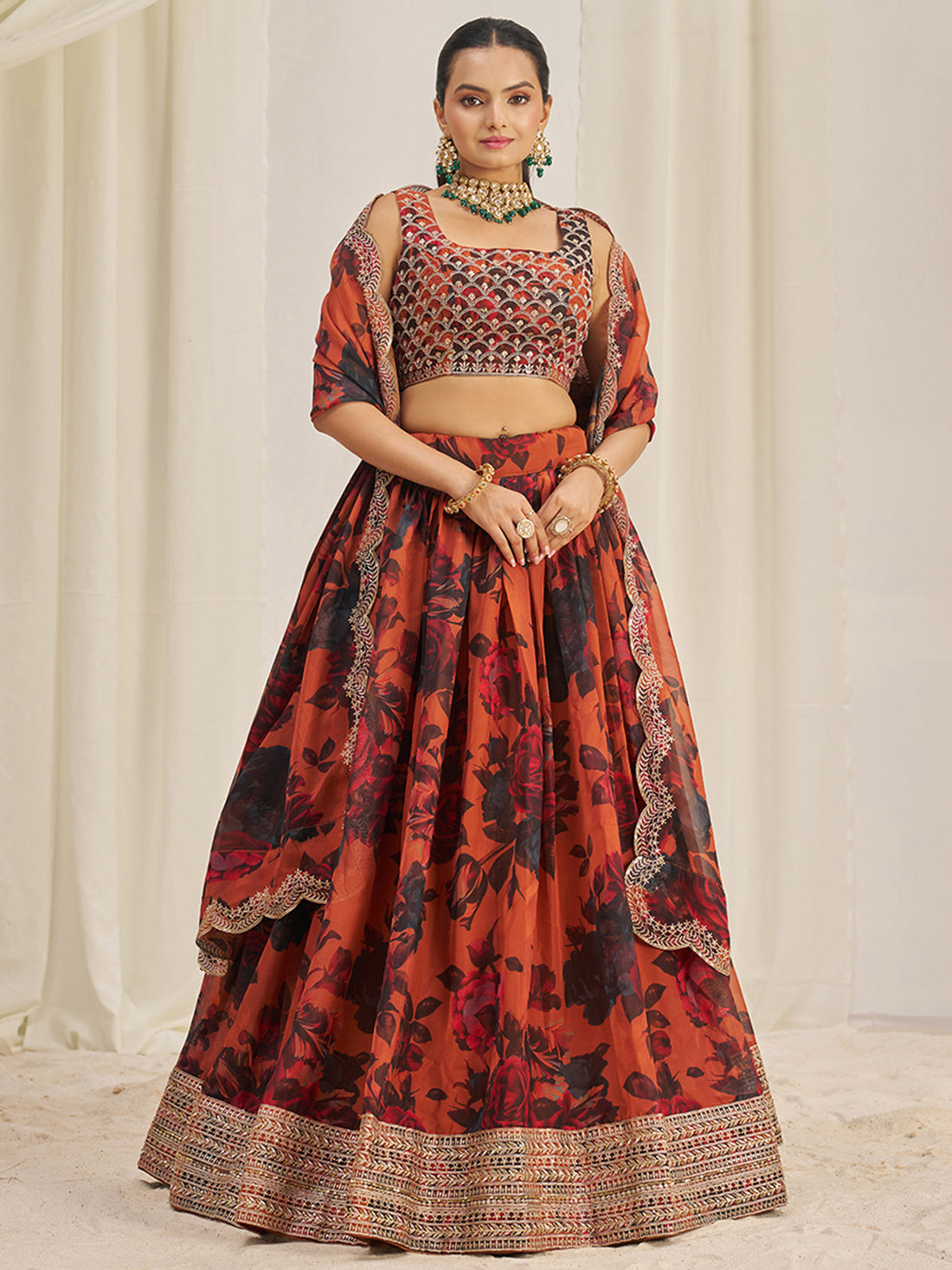 Pretty Orange Sequins Organza Engagement Wear Lehenga Choli