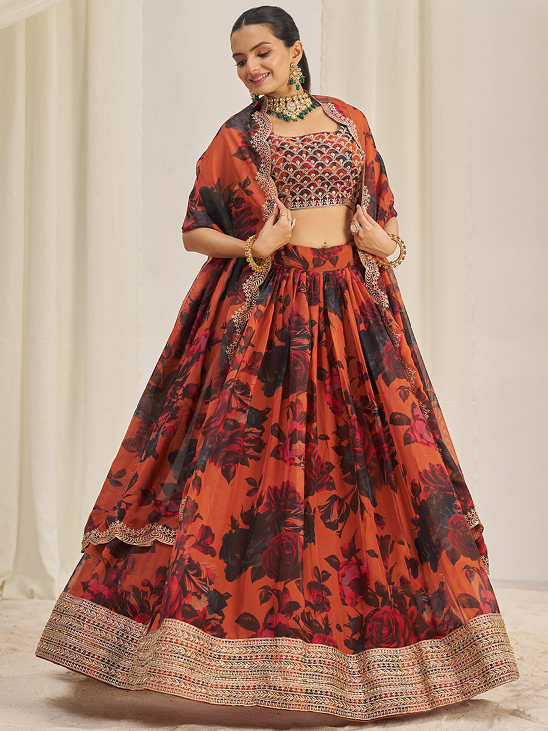 Pretty Orange Sequins Organza Engagement Wear Lehenga Choli