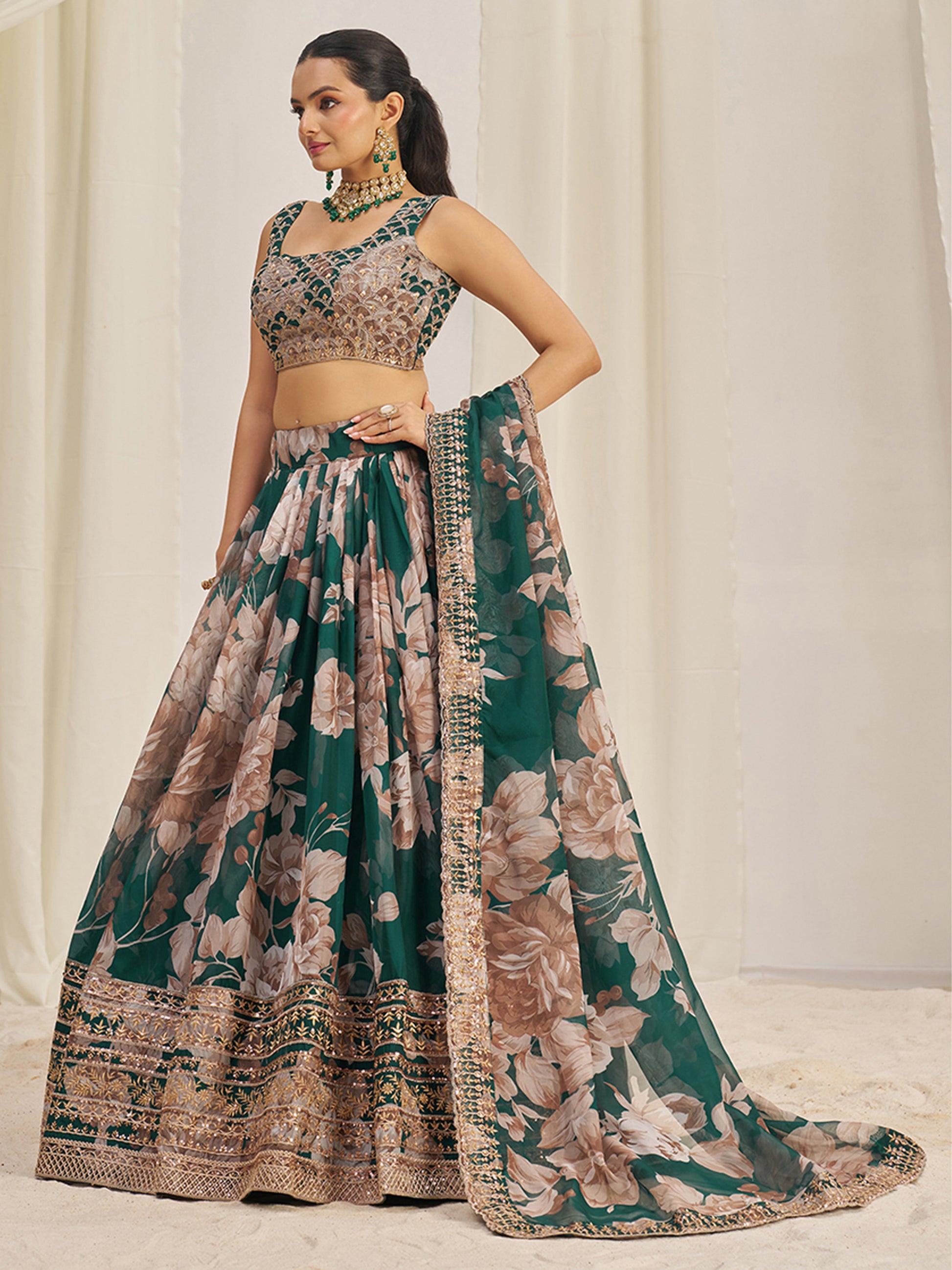 Incredible Green Sequins Organza Mehendi Wear Lehenga Choli