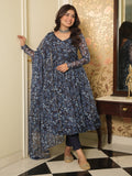 Mesmerizing Navy Blue Printed Organza Readymade Anarkali Suit Pant