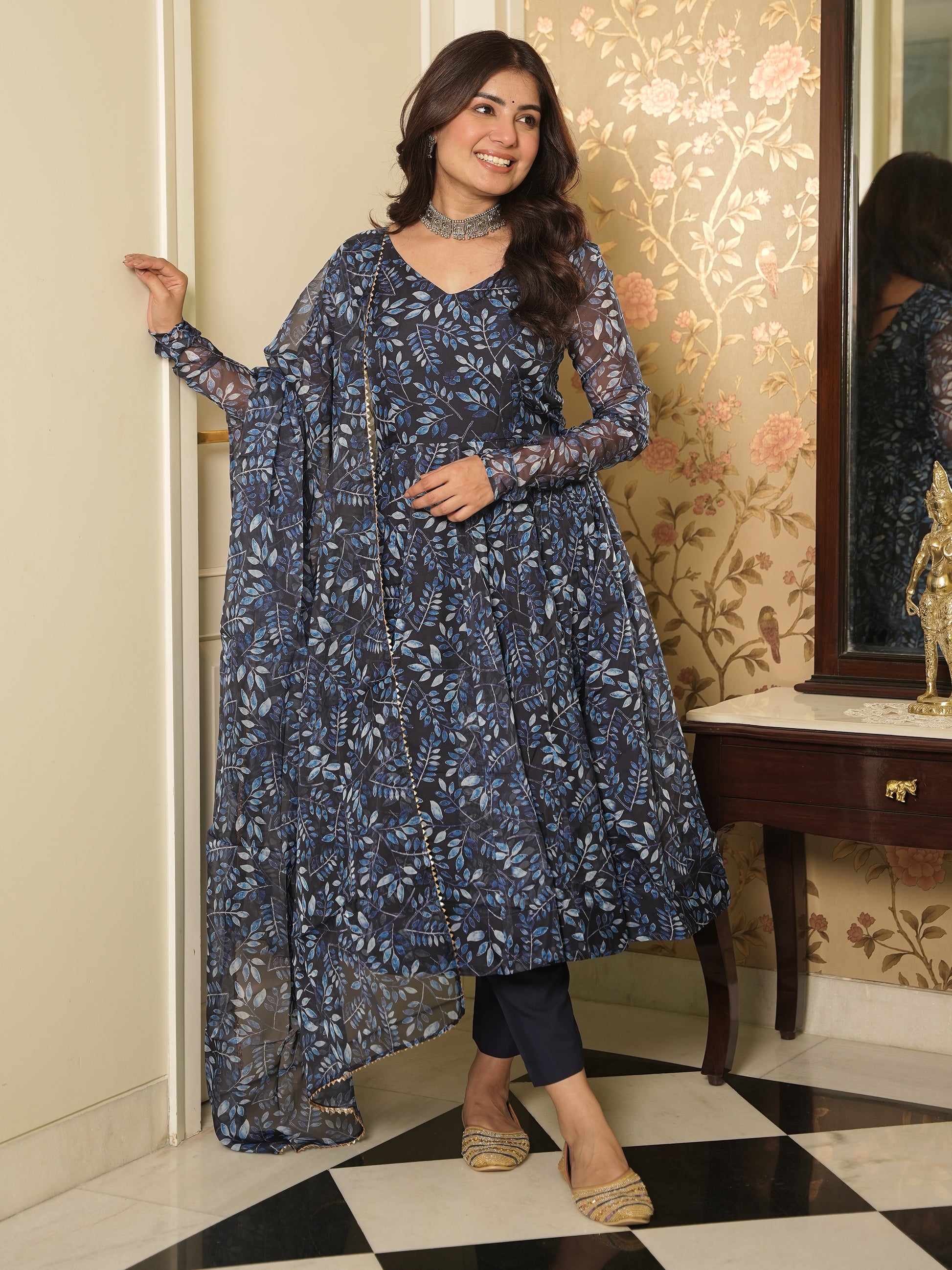 Mesmerizing Navy Blue Printed Organza Readymade Anarkali Suit Pant
