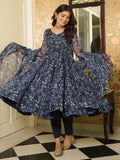 Mesmerizing Navy Blue Printed Organza Readymade Anarkali Suit Pant