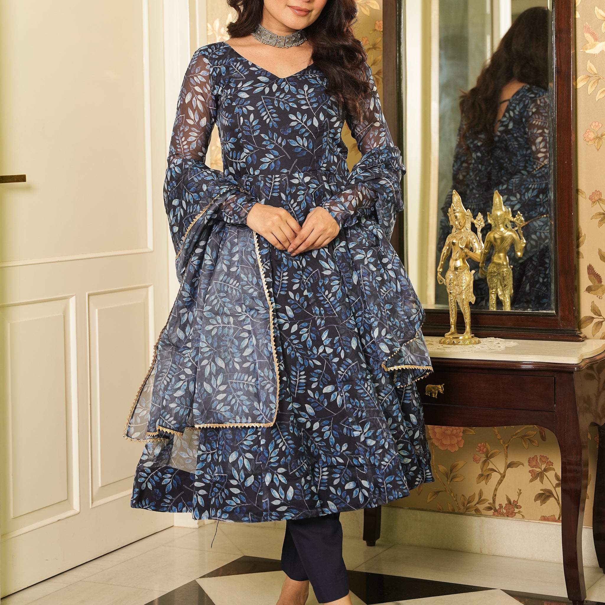 Mesmerizing Navy Blue Printed Organza Readymade Anarkali Suit Pant