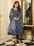 Mesmerizing Navy Blue Printed Organza Readymade Anarkali Suit Pant