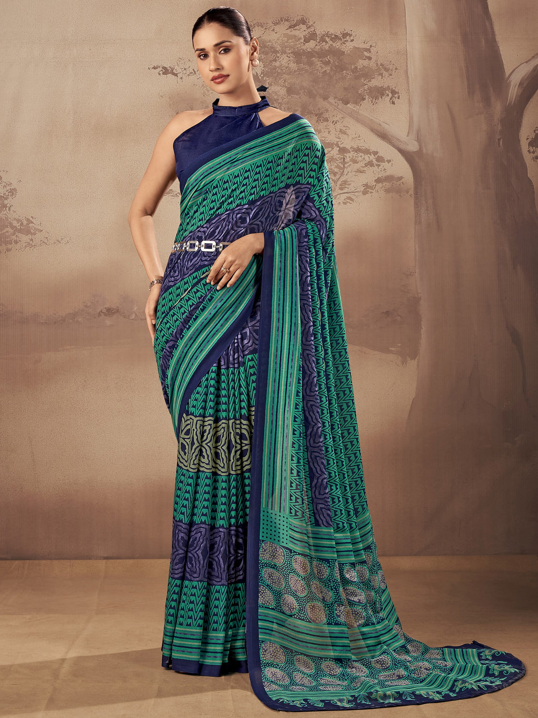 Graceful Teal Blue  Printed Cotton Casual Wear Saree With Blouse