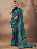 Graceful Teal Blue  Printed Cotton Casual Wear Saree With Blouse