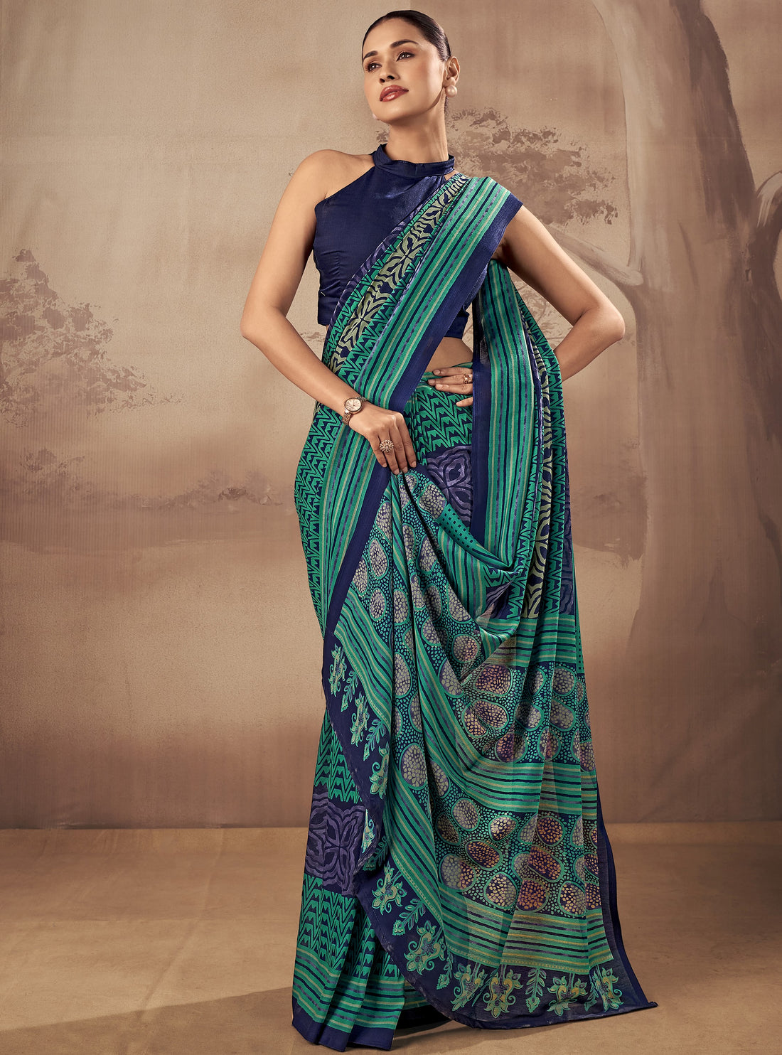 Graceful Teal Blue  Printed Cotton Casual Wear Saree With Blouse
