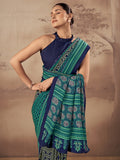 Graceful Teal Blue  Printed Cotton Casual Wear Saree With Blouse