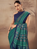 Graceful Teal Blue  Printed Cotton Casual Wear Saree With Blouse