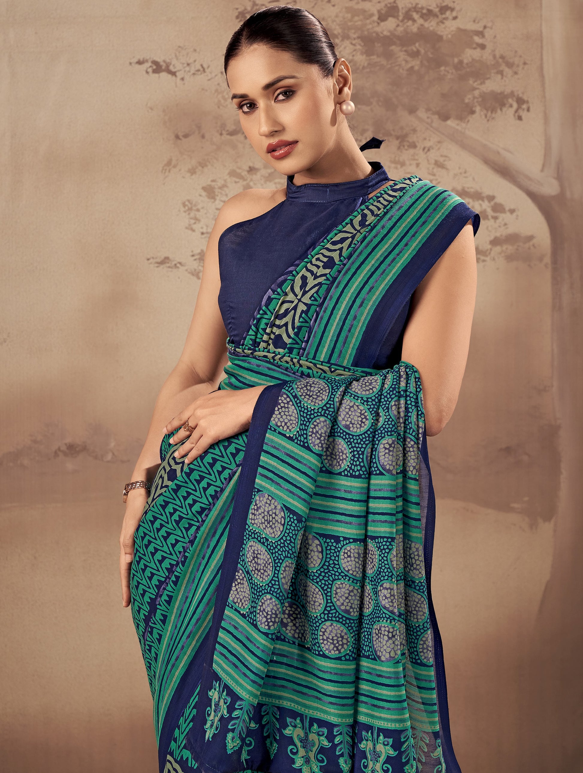 Graceful Teal Blue  Printed Cotton Casual Wear Saree With Blouse