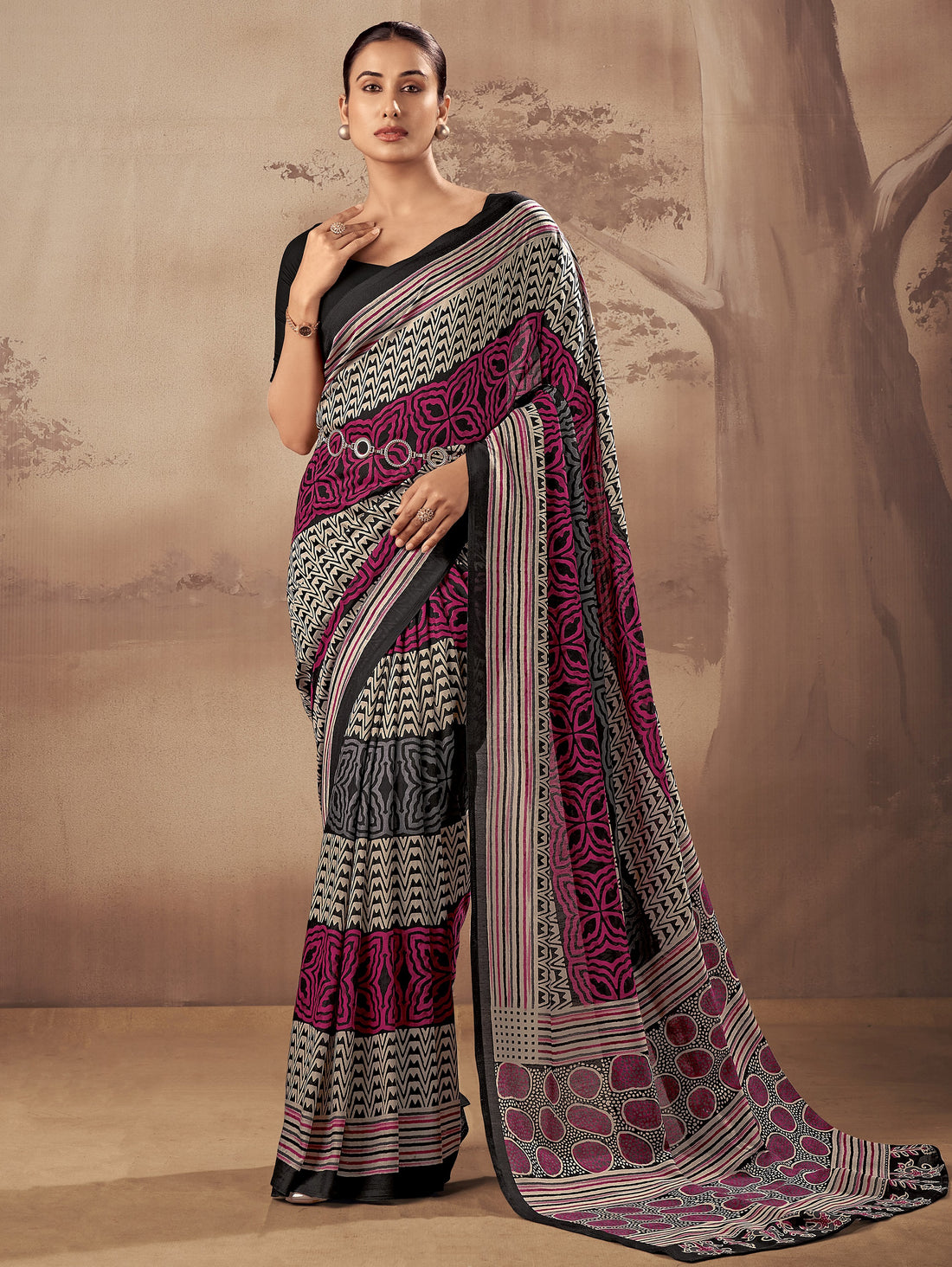 Awesome Black Printed Cotton Office Wear Saree With Blouse