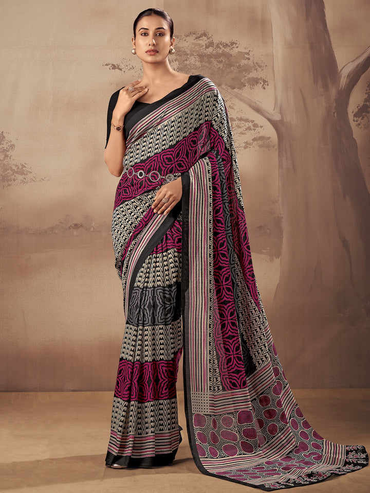 Awesome Black Printed Cotton Office Wear Saree With Blouse