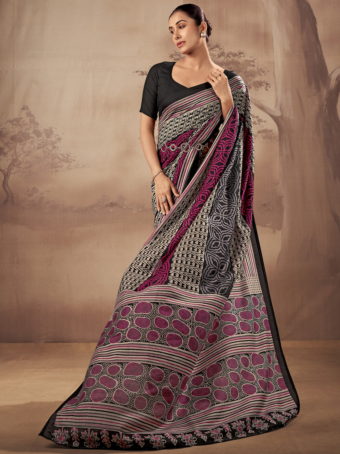 Awesome Black Printed Cotton Office Wear Saree With Blouse