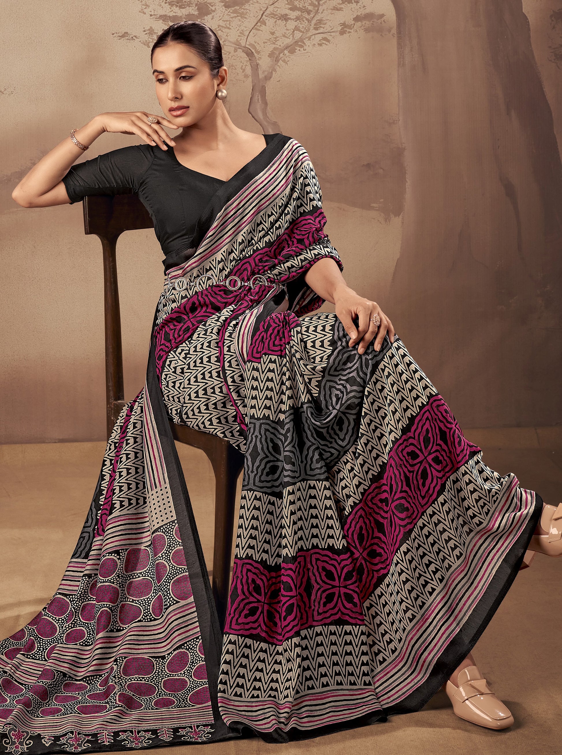 Awesome Black Printed Cotton Office Wear Saree With Blouse