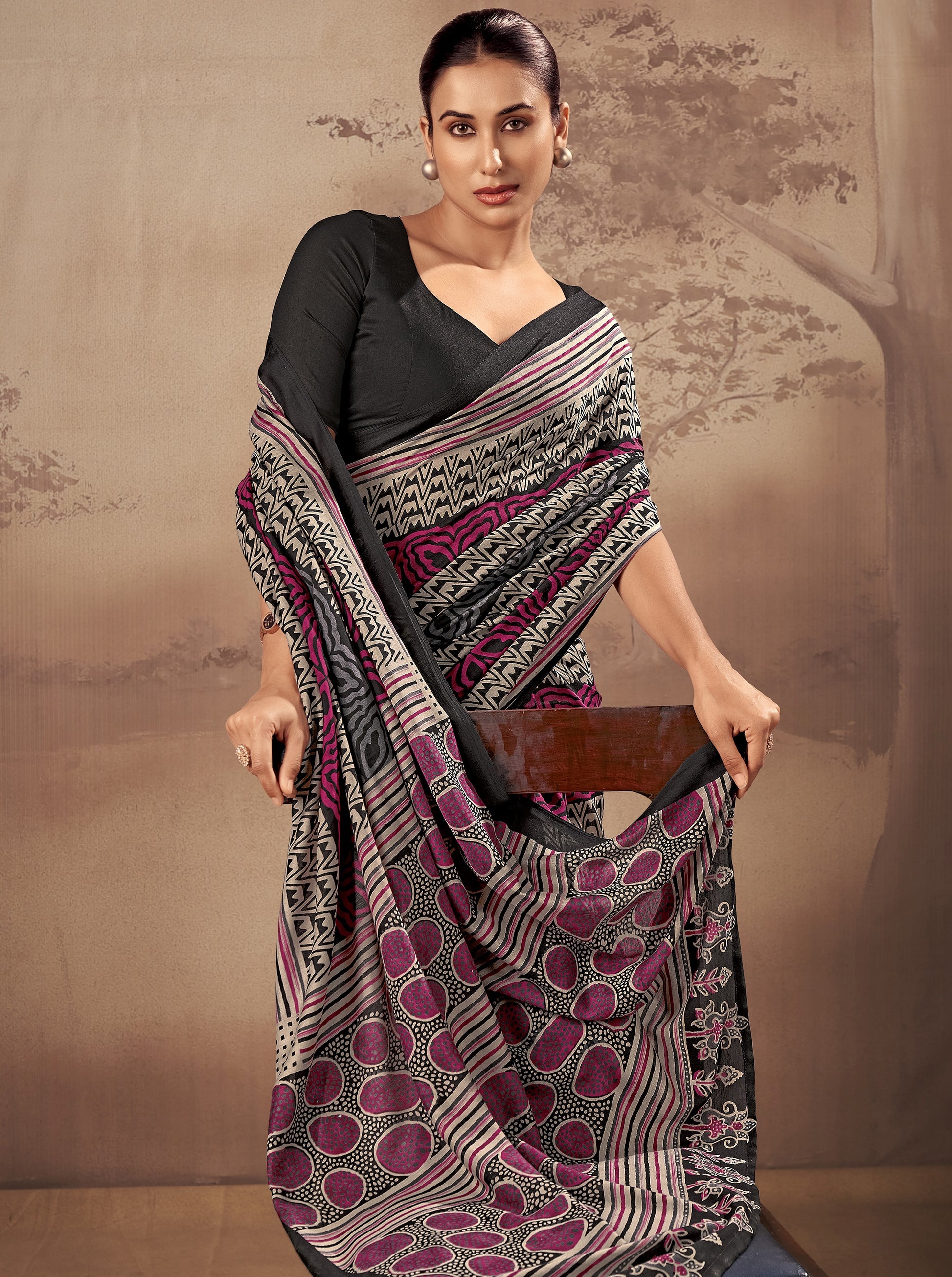 Awesome Black Printed Cotton Office Wear Saree With Blouse