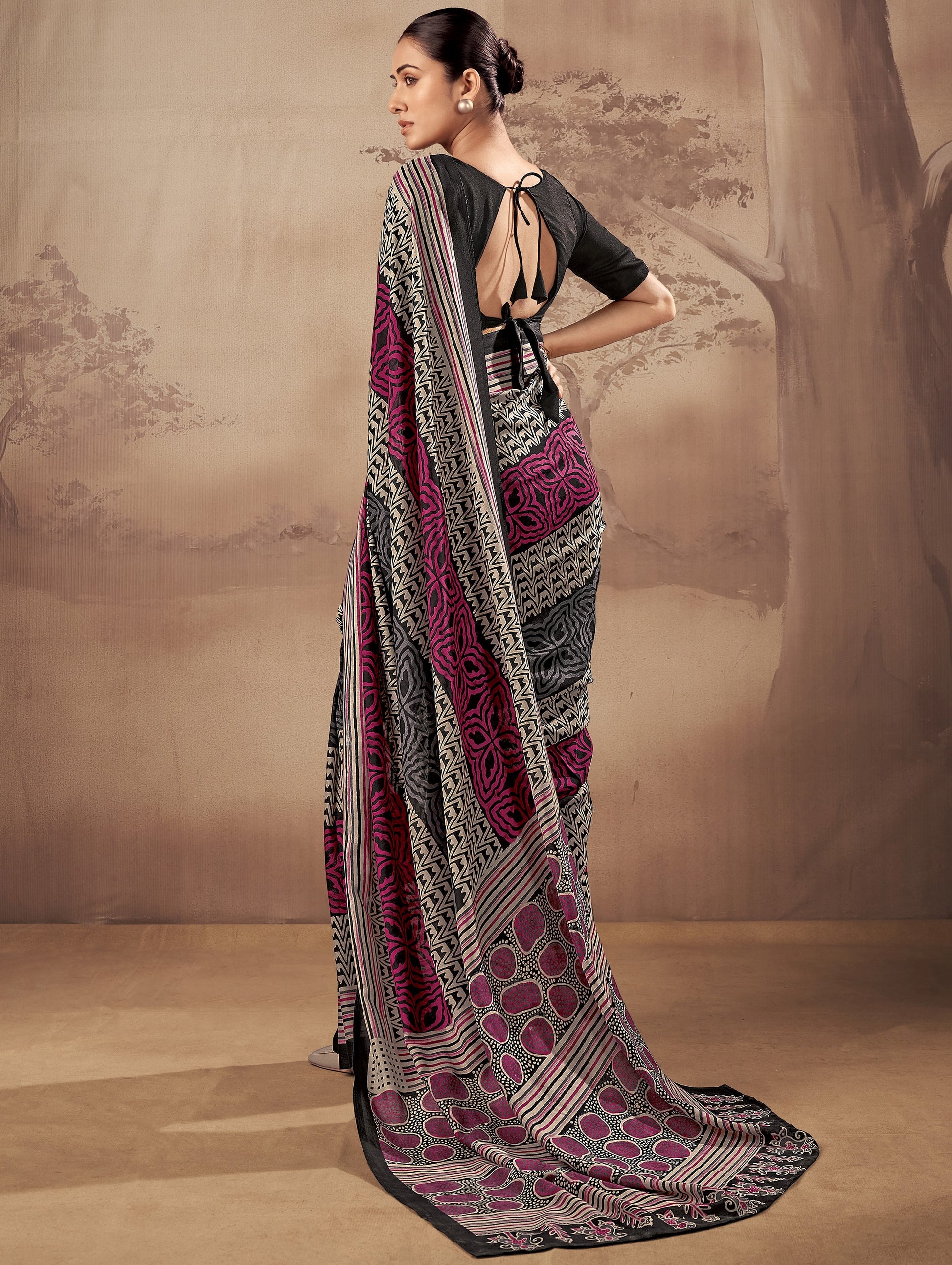 Awesome Black Printed Cotton Office Wear Saree With Blouse