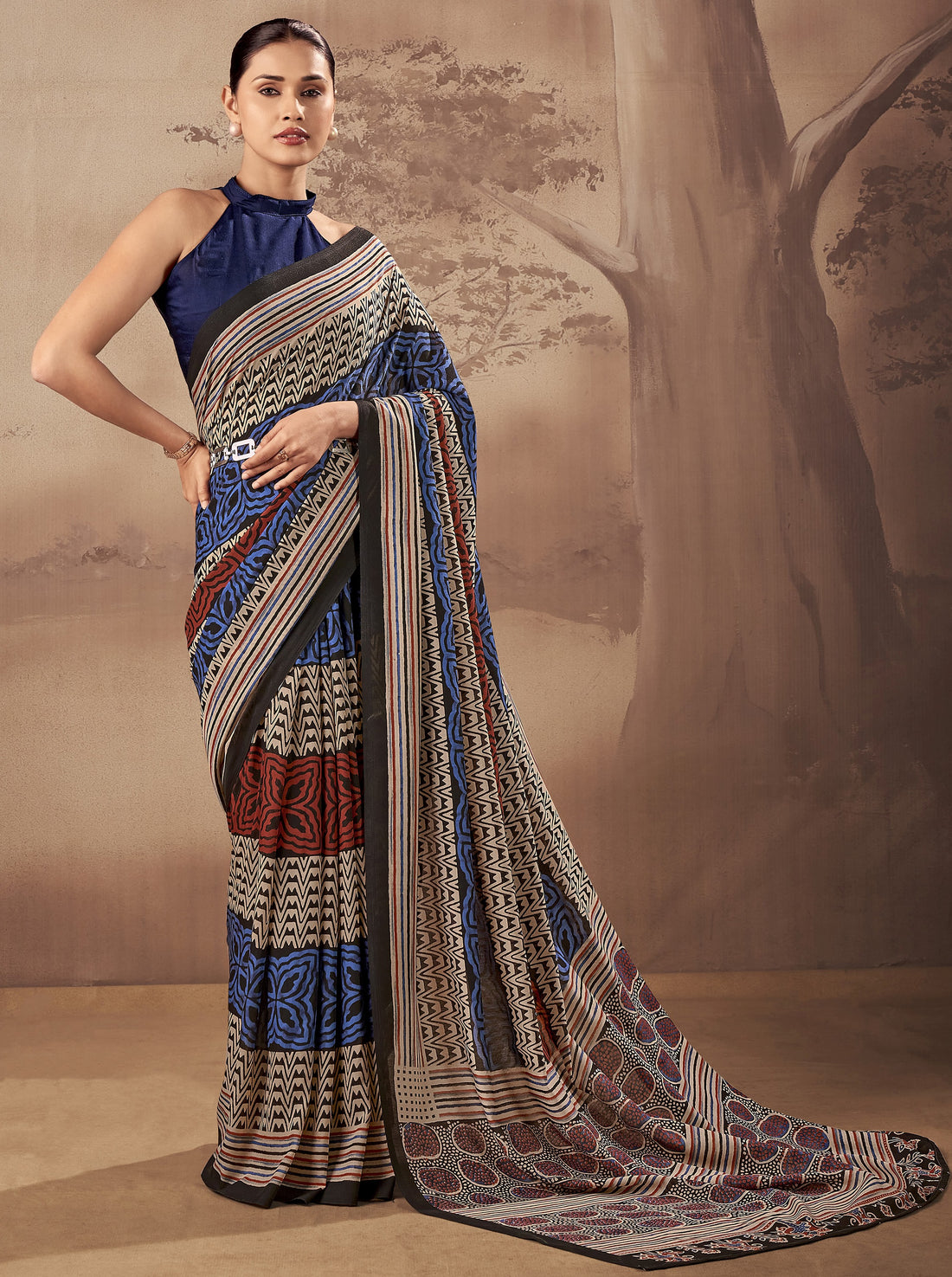 Awesome Blue Printed Cotton Festival Wear Saree With Blouse