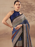 Awesome Blue Printed Cotton Festival Wear Saree With Blouse