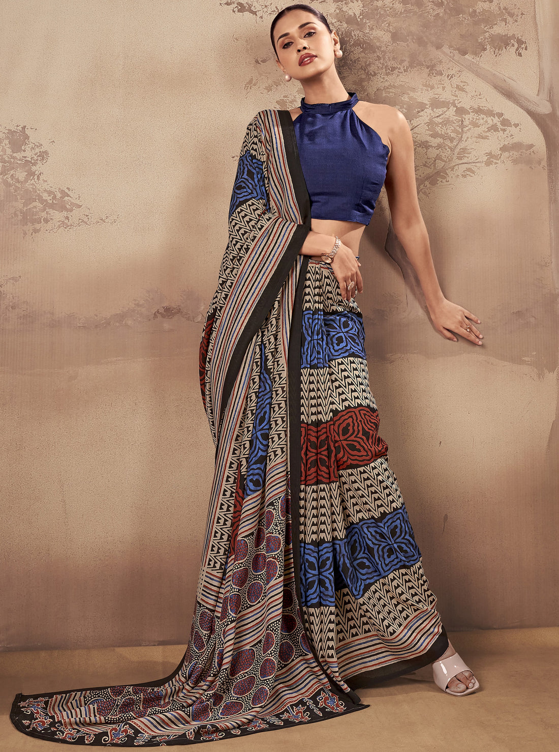Awesome Blue Printed Cotton Festival Wear Saree With Blouse