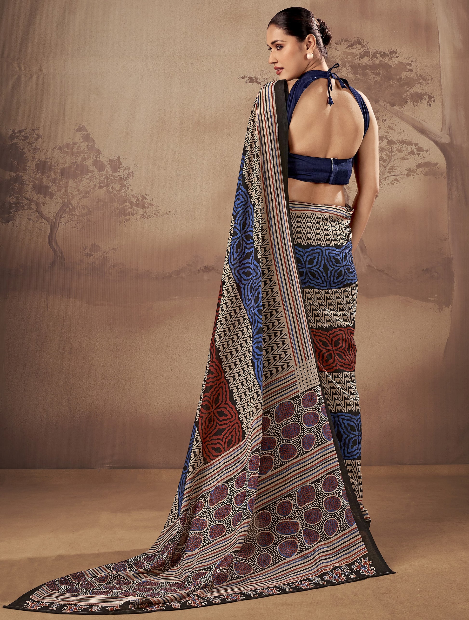 Awesome Blue Printed Cotton Festival Wear Saree With Blouse