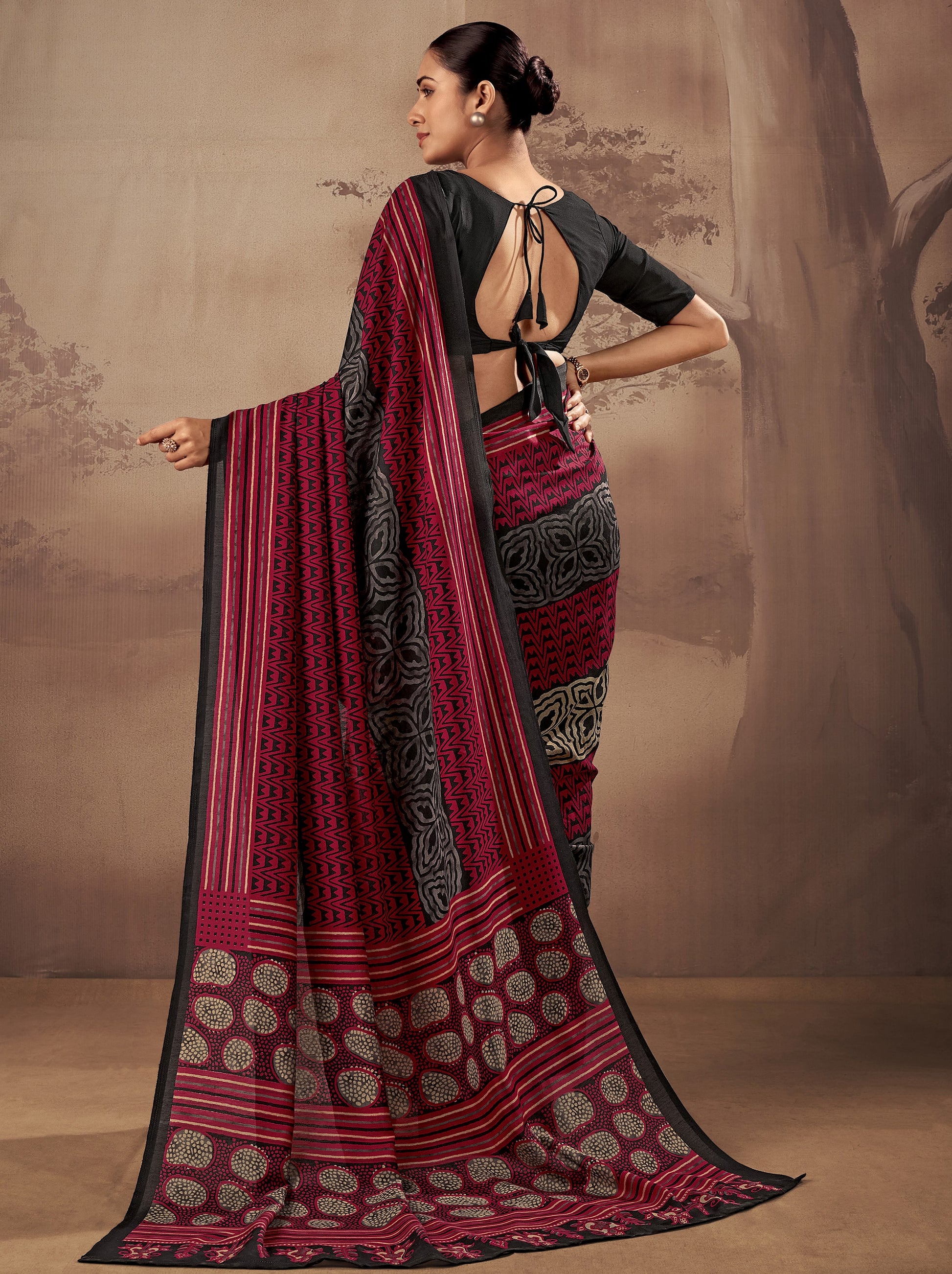Adorable Red Printed Cotton Daily Wear Saree With Blouse