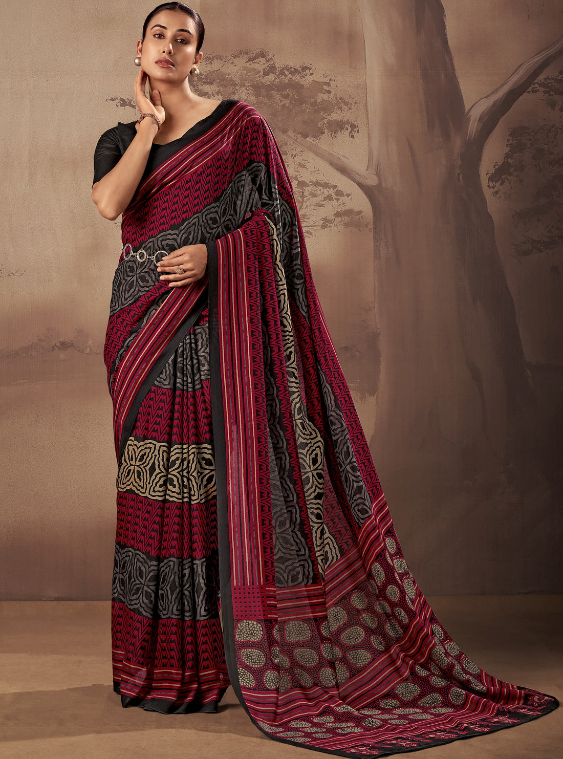 Adorable Red Printed Cotton Daily Wear Saree With Blouse