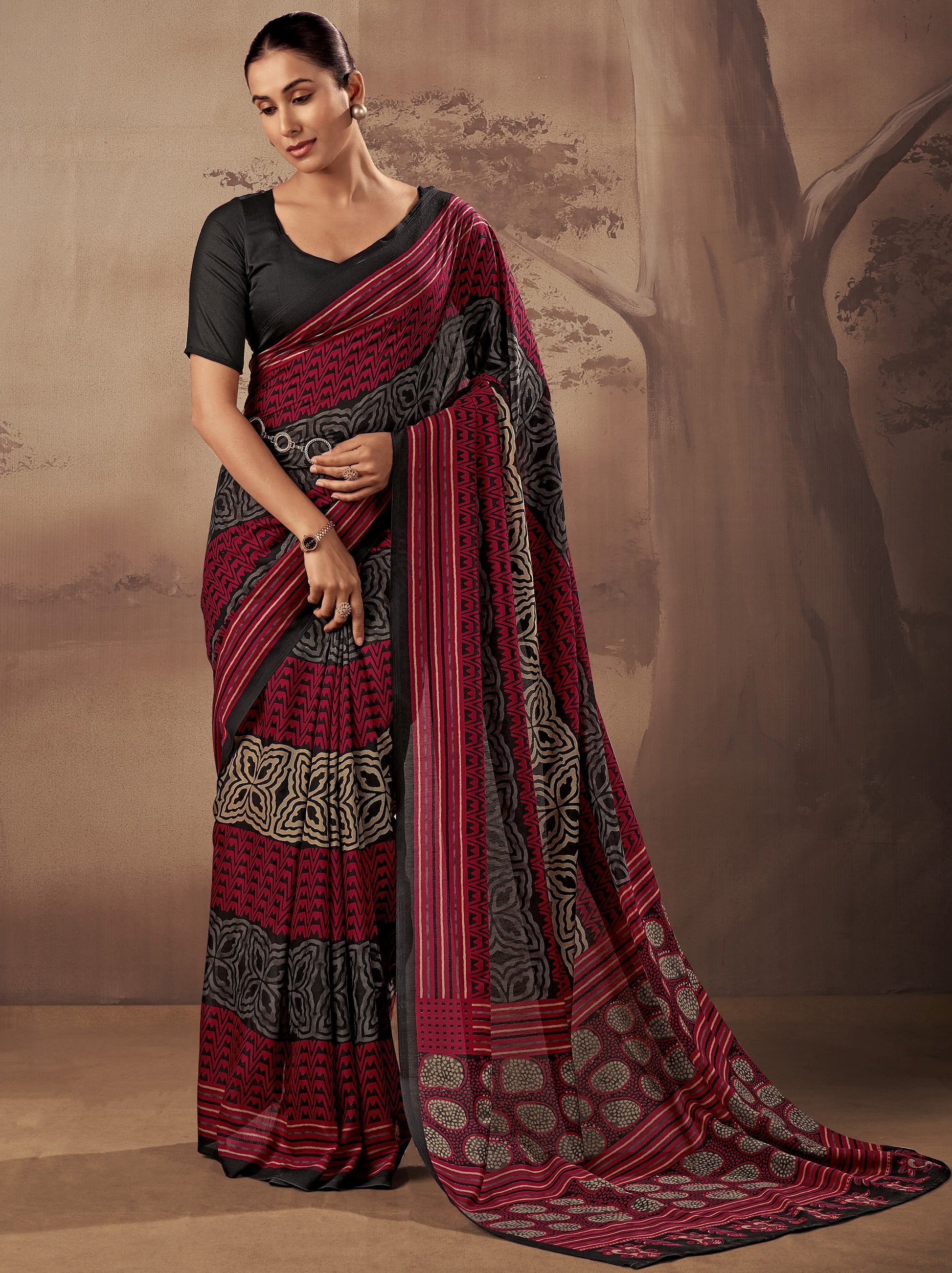 Adorable Red Printed Cotton Daily Wear Saree With Blouse