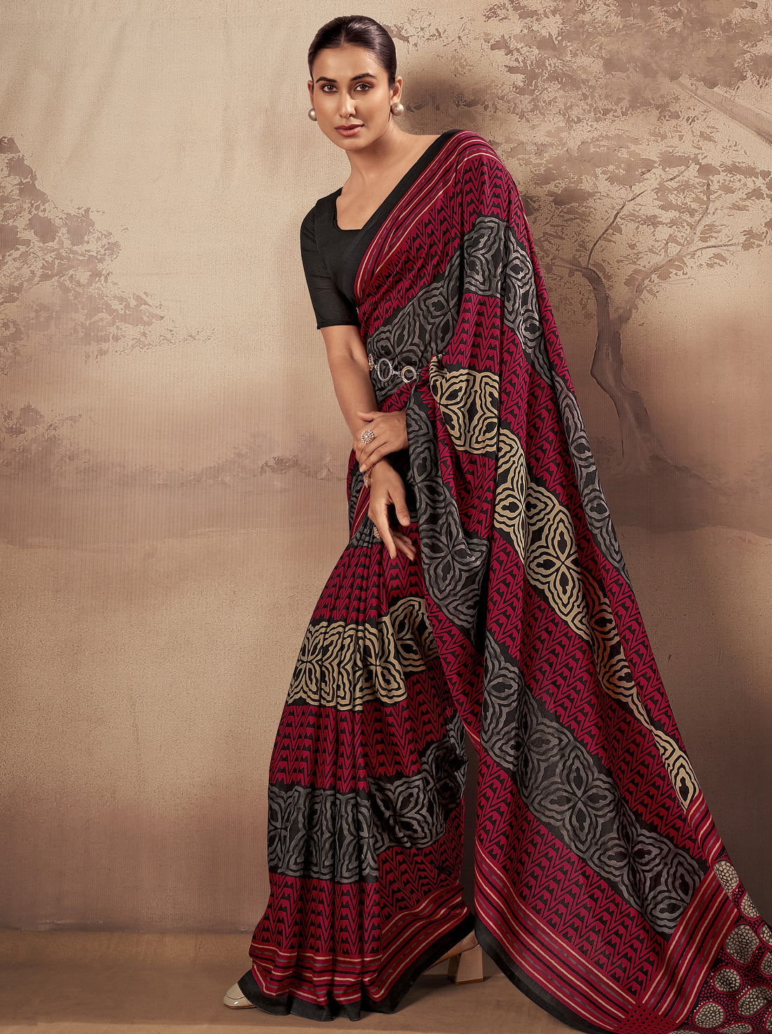 Adorable Red Printed Cotton Daily Wear Saree With Blouse