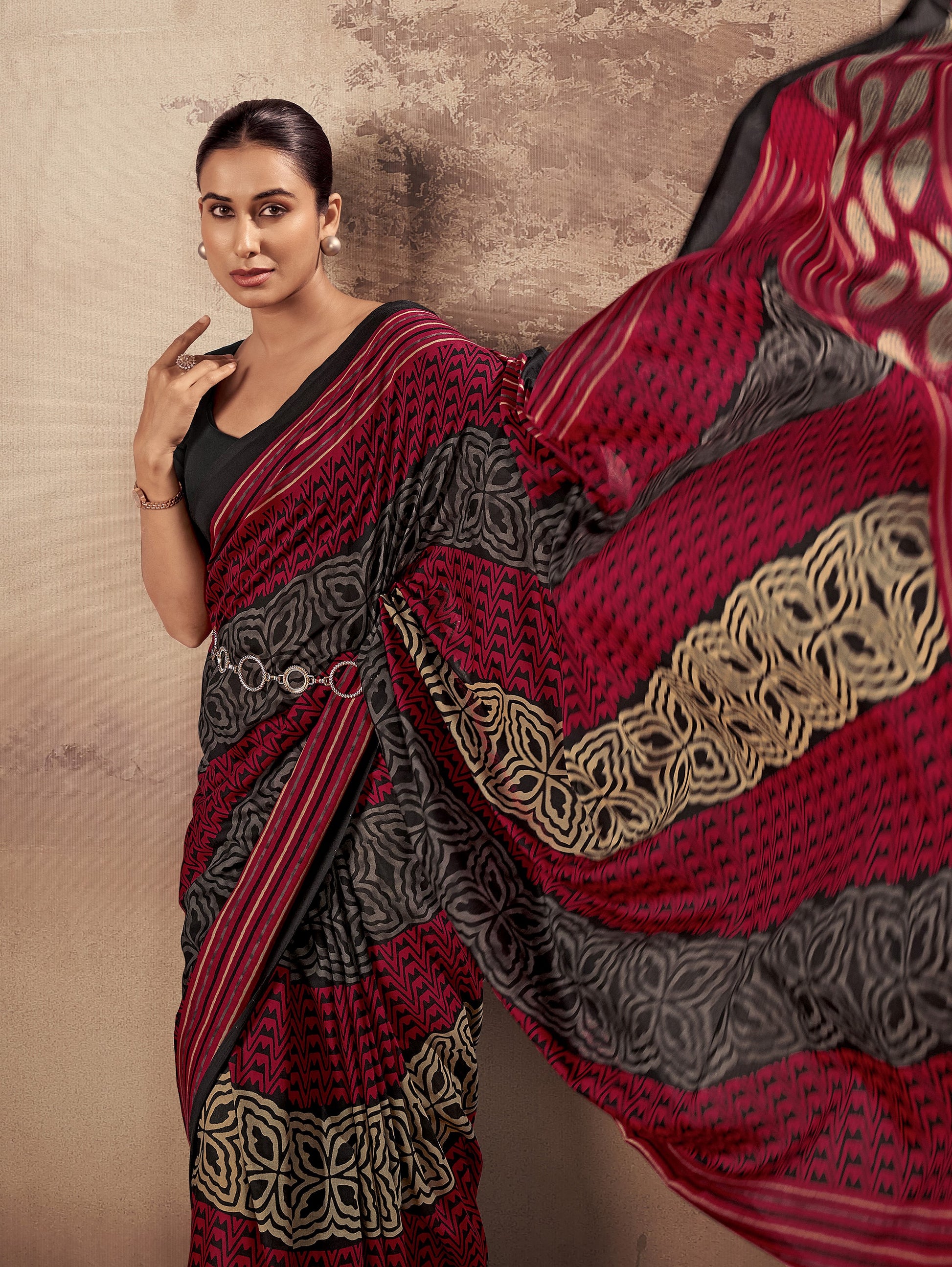Adorable Red Printed Cotton Daily Wear Saree With Blouse