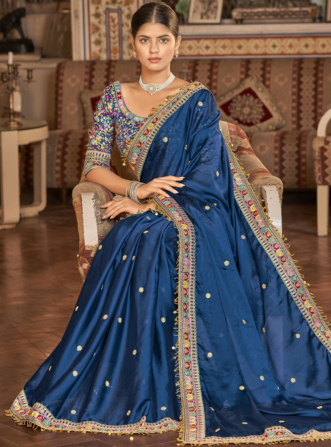 Sparkling Navy-Blue Zari Work Georgette Saree With Blouse