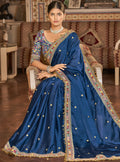 Sparkling Navy-Blue Zari Work Georgette Saree With Blouse
