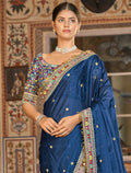 Sparkling Navy-Blue Zari Work Georgette Saree With Blouse