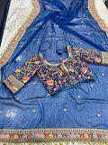 Sparkling Navy-Blue Zari Work Georgette Saree With Blouse