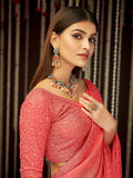 Dazzling Peach Thread Embroidery Silk Festival  Wear Saree With Blouse
