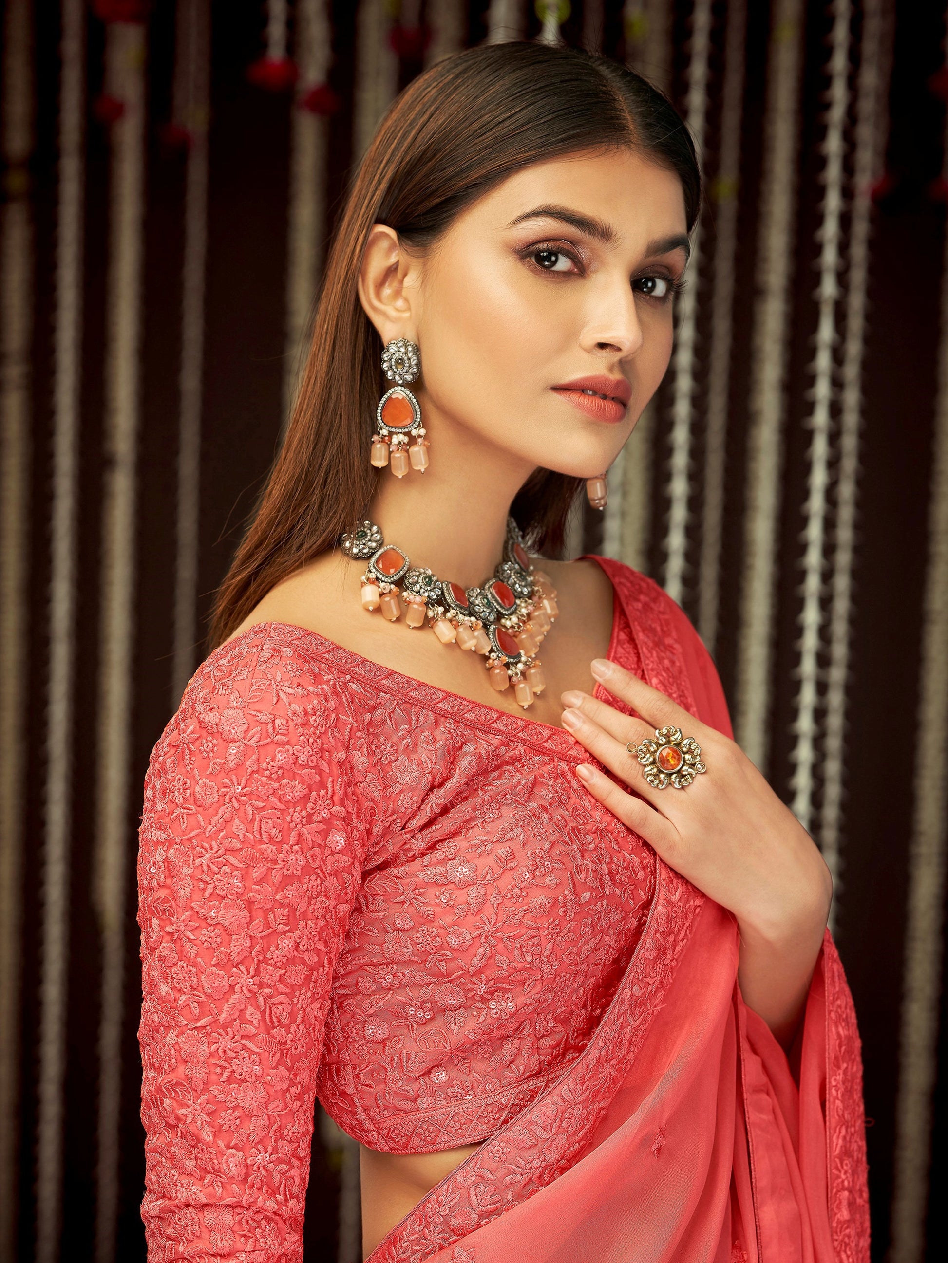 Dazzling Peach Thread Embroidery Silk Festival  Wear Saree With Blouse