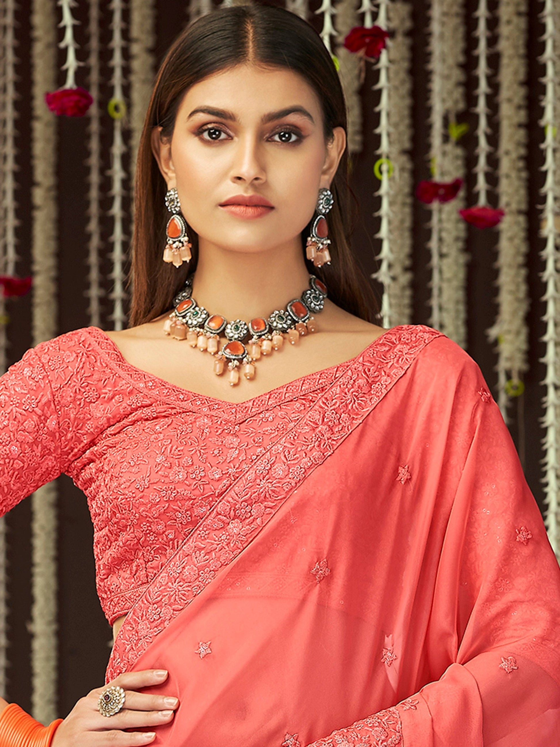 Dazzling Peach Thread Embroidery Silk Festival  Wear Saree With Blouse