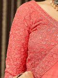Dazzling Peach Thread Embroidery Silk Festival  Wear Saree With Blouse
